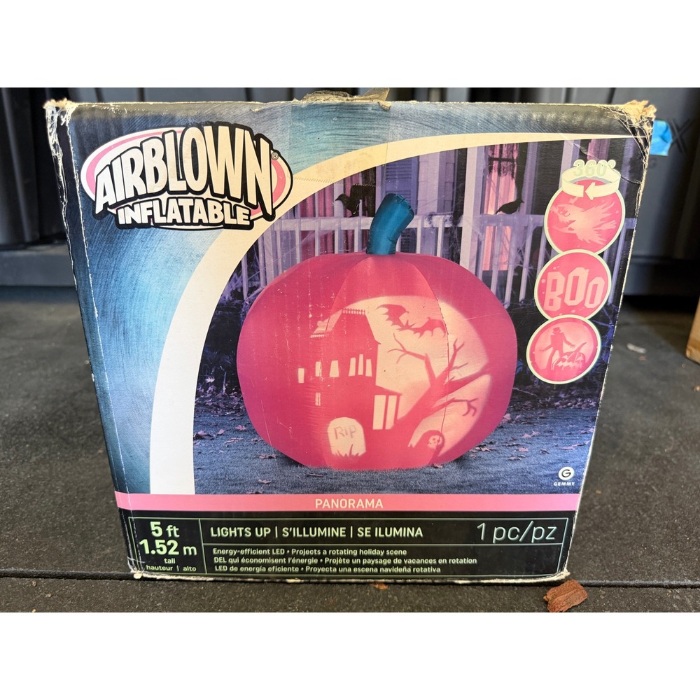 Gemmy Airblown Inflatable 5ft Panoramic Pumpkin Haunted House Rotating LED Light